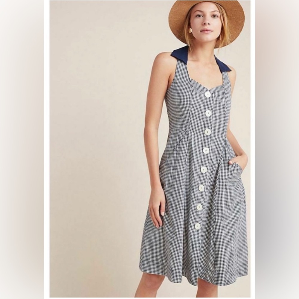ANTHROPOLOGIE blue and white gingham Camellia collared shirt dress